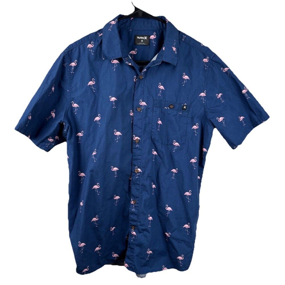 Hurley Flamingo Theme Blue Cotton Blend Button Short Sleeve Shirt Mens Medium